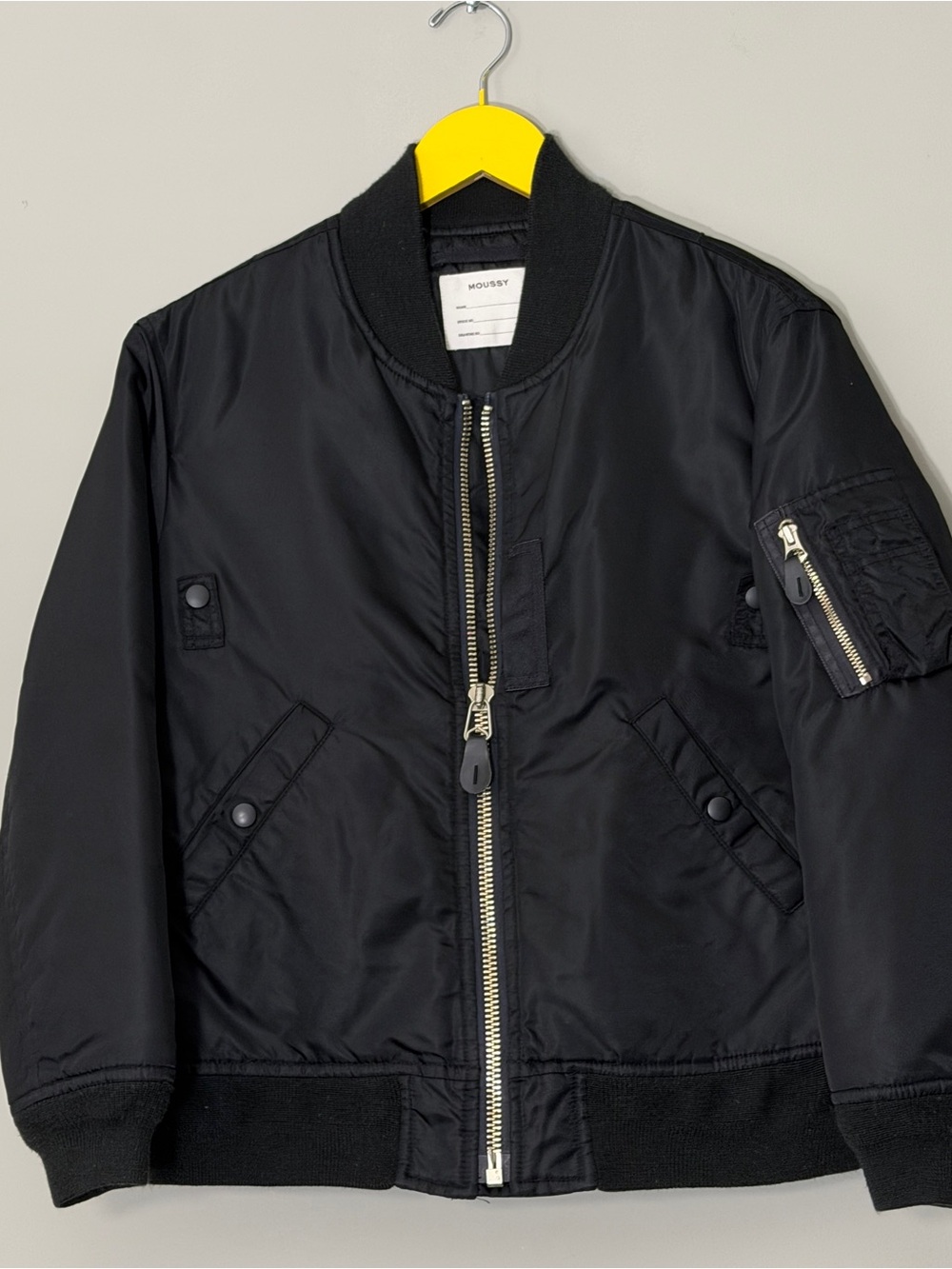Moussy Black bomber jacket with silver zips and pockets. Size 1 / small